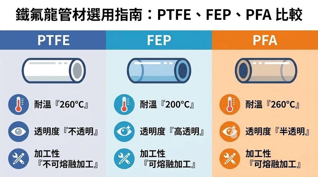 PFA管和PTFE管怎麼選?三種鐵氟龍管材的功能差異與選用情境 鐵氟龍管材選用-PTFE、FEP、PFA比較
