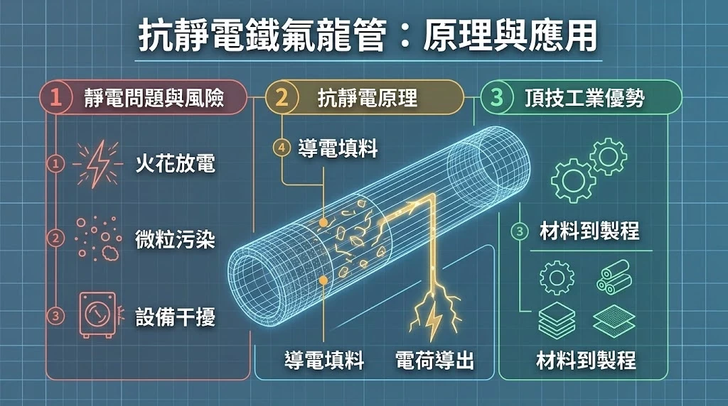 抗靜電鐵氟龍管是什麼?從原理到選用,一次了解靜電防護管材的關鍵知識 抗靜電鐵氟龍管原理與應用